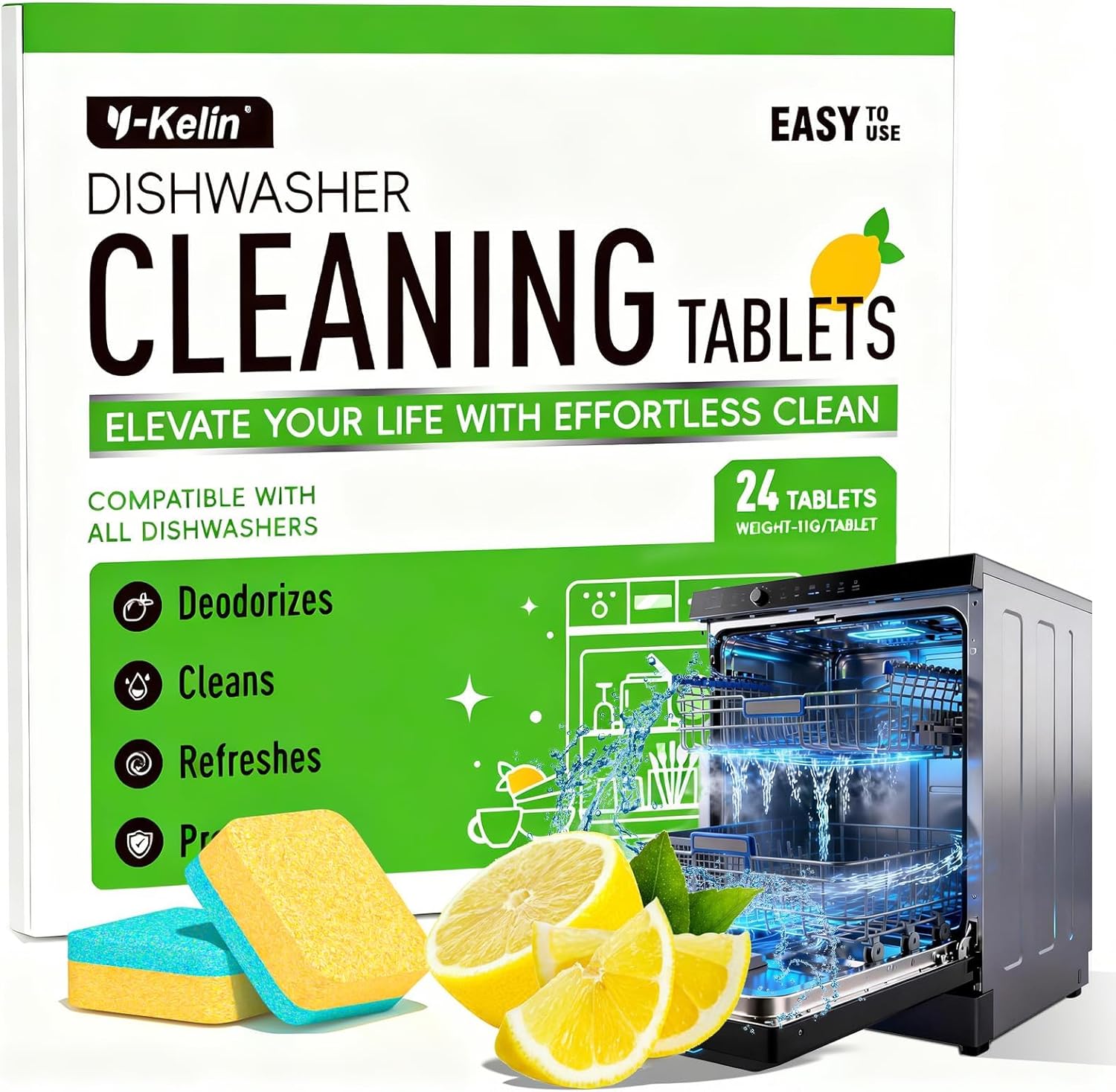 Y-Kelin dishwasher cleaner and deodorizer tablets front view pack of twenty four deep cleaning descaler pods