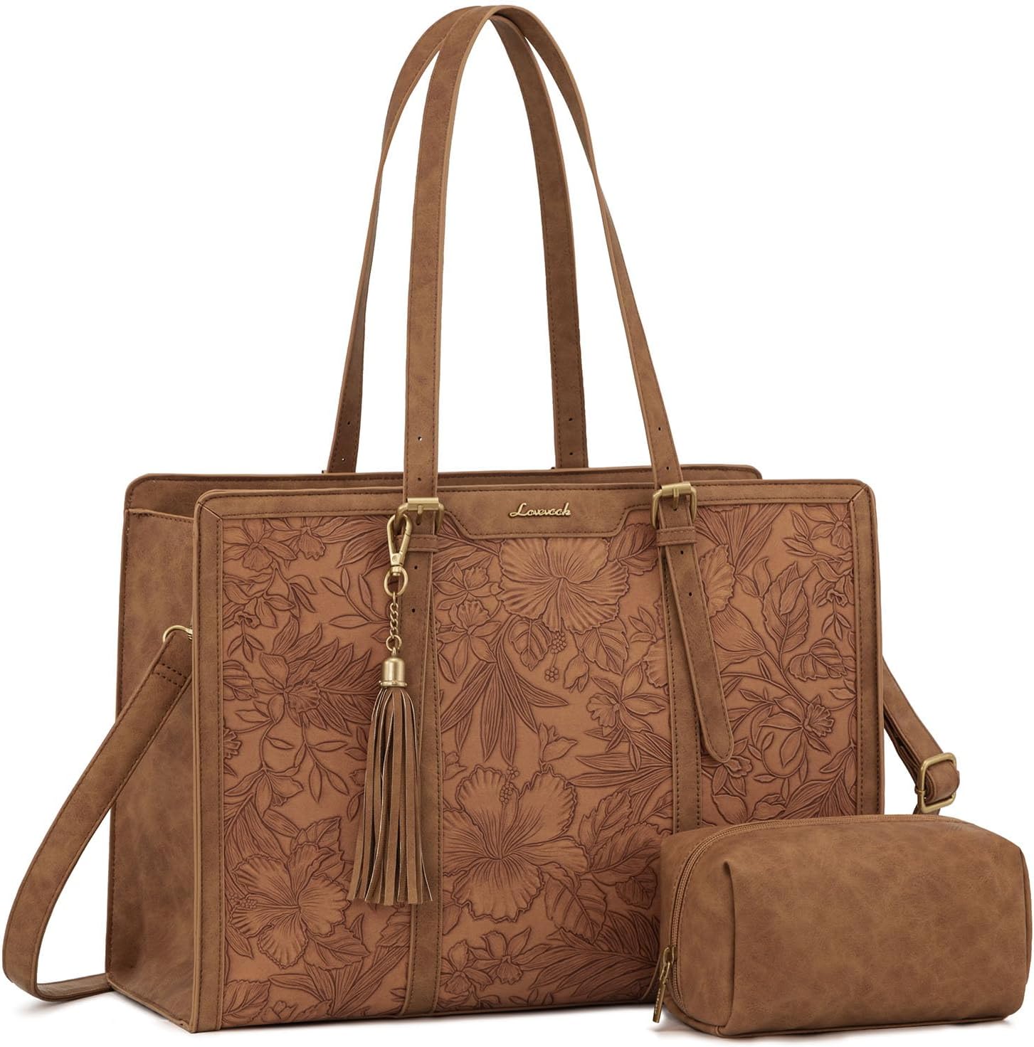LOVEVOOK vintage leather laptop bag for women front view featuring embossed floral pattern
