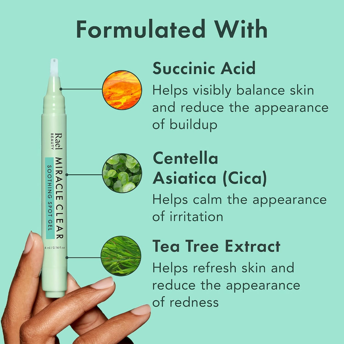 Clear skincare gel formula from Rael applied directly to an early stage blemish.
