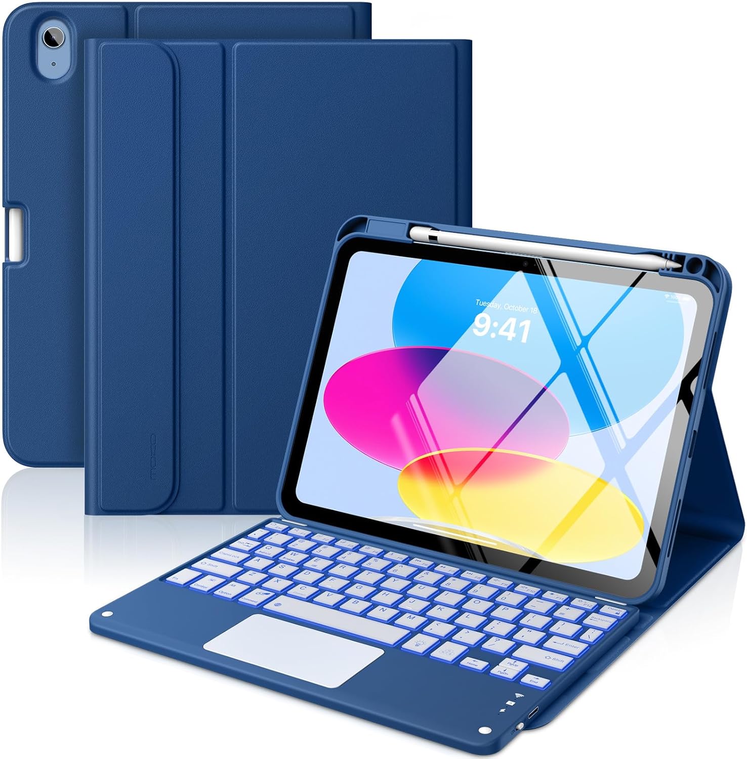MoKo Touch Keyboard Case for iPad Eleventh Generation front view showing navy blue folio and illuminated keyboard.