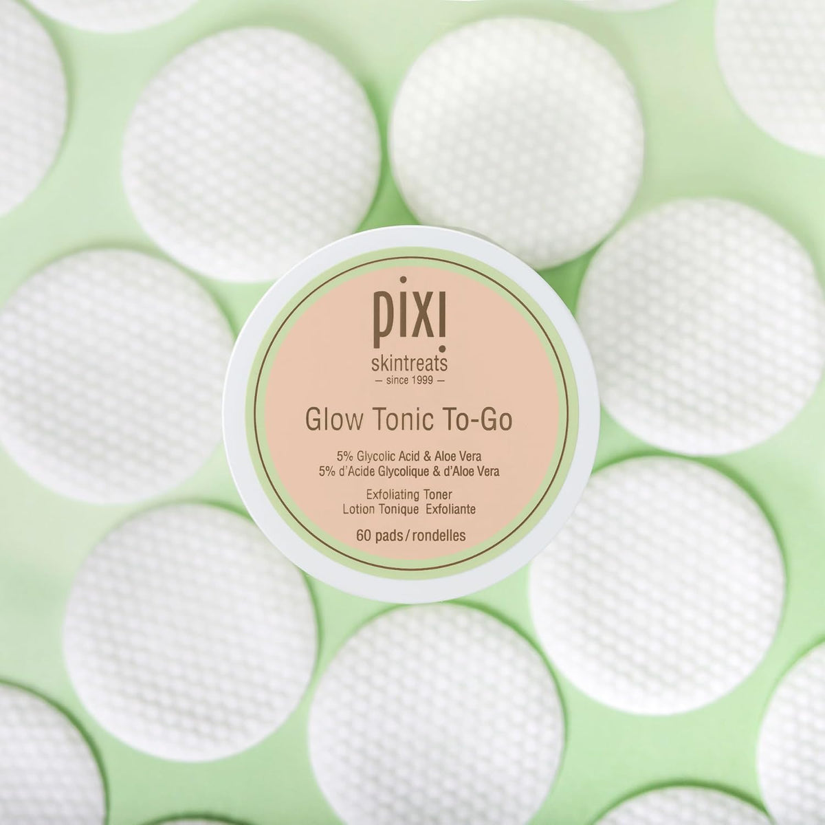 Pixi exfoliating glycolic acid toner pads jar showing product details