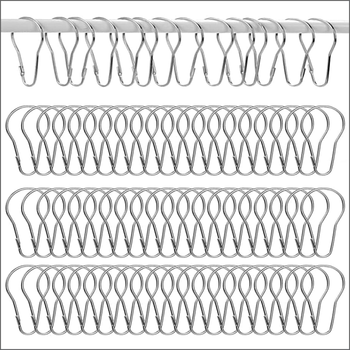 Clipstrip metal shower curtain rings front view showing pack of 100 silver hooks