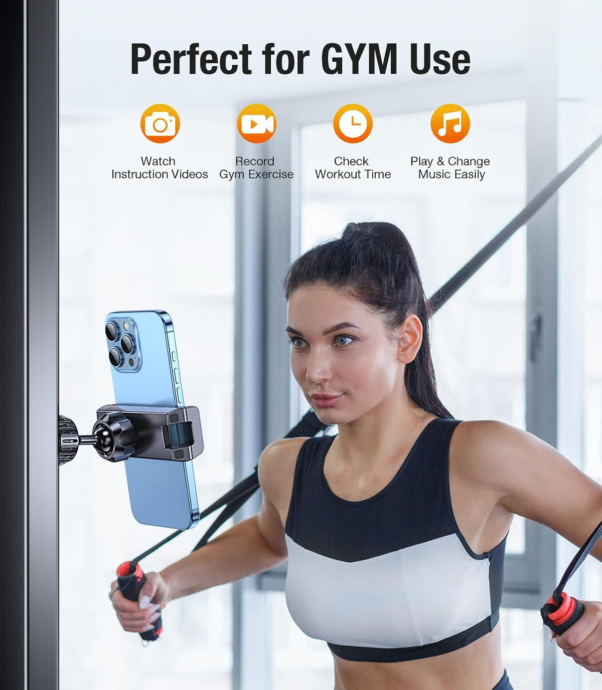 Coolpow gym magnetic phone mount attached to metal weight rack