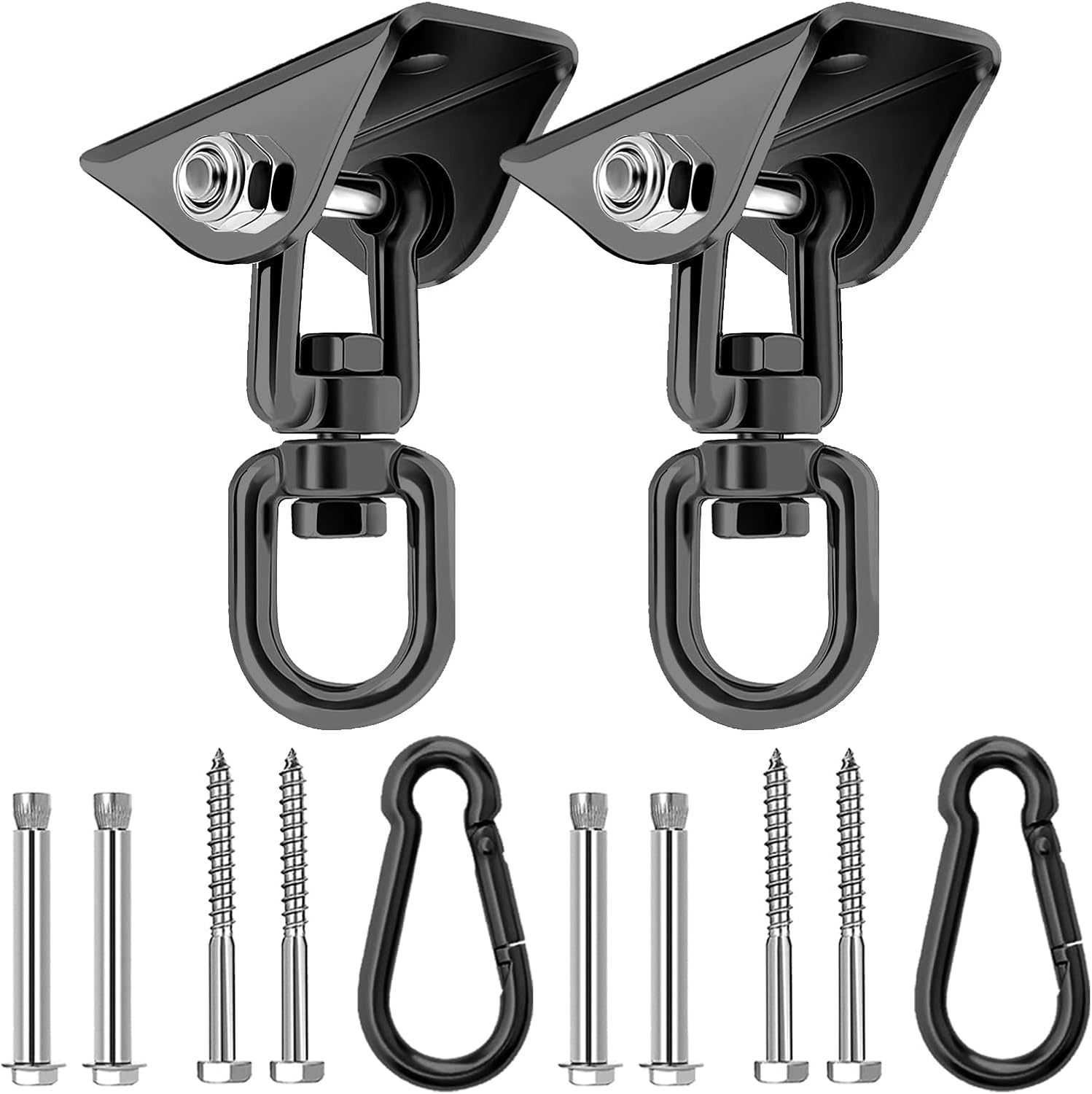 AINIKEY heavy duty hammock hanging kit front view showing two black three sixty degree rotating ceiling hooks