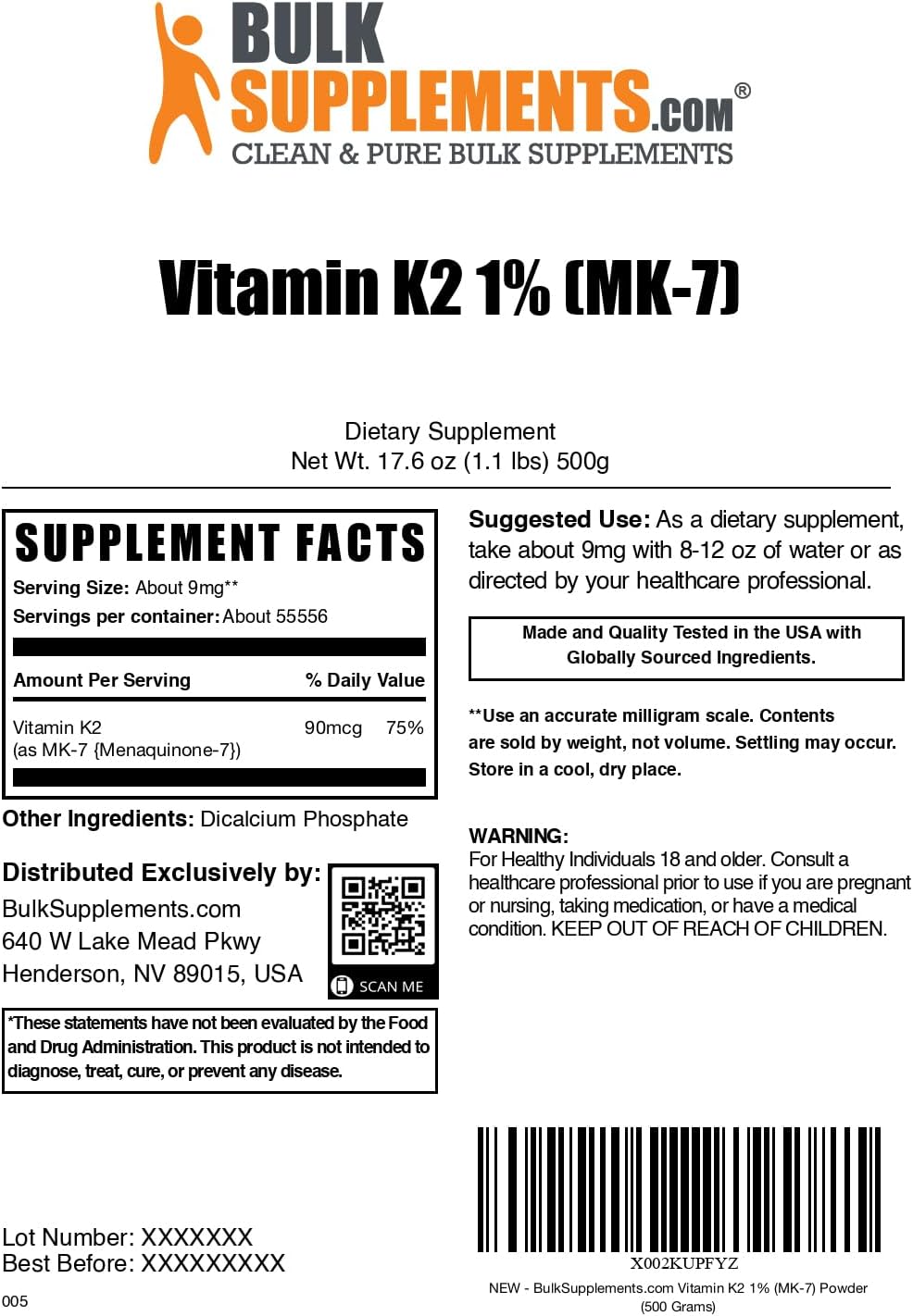 BulkSupplements Vitamin K2 powder dietary supplement packaging