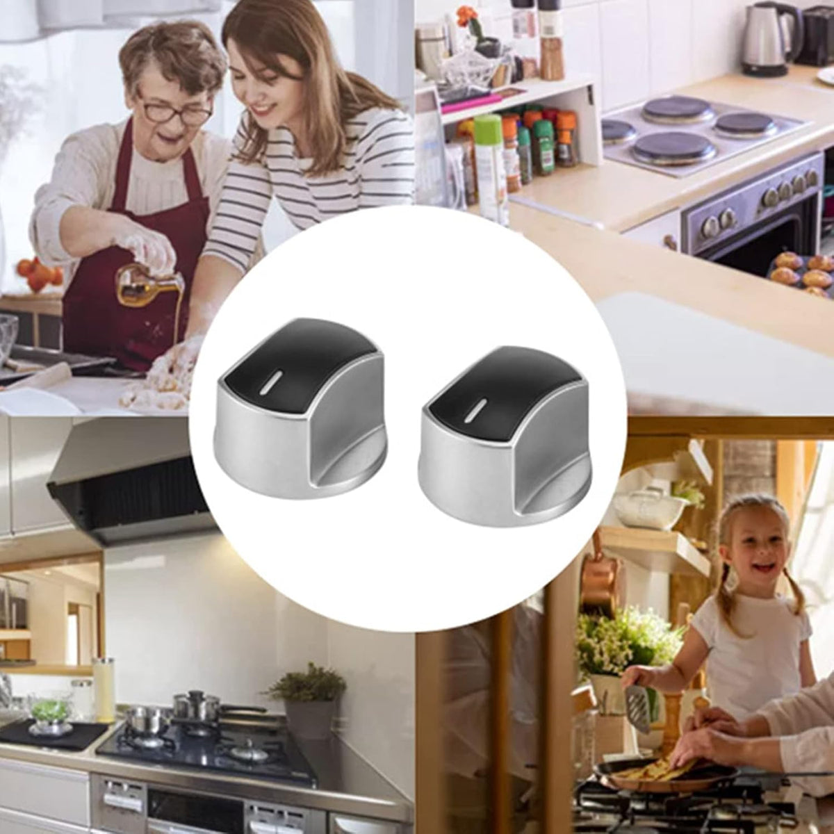 Silver and black gas cooker knobs close up