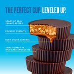 SkinnyDipped dark chocolate caramel peanut cups close up texture view.