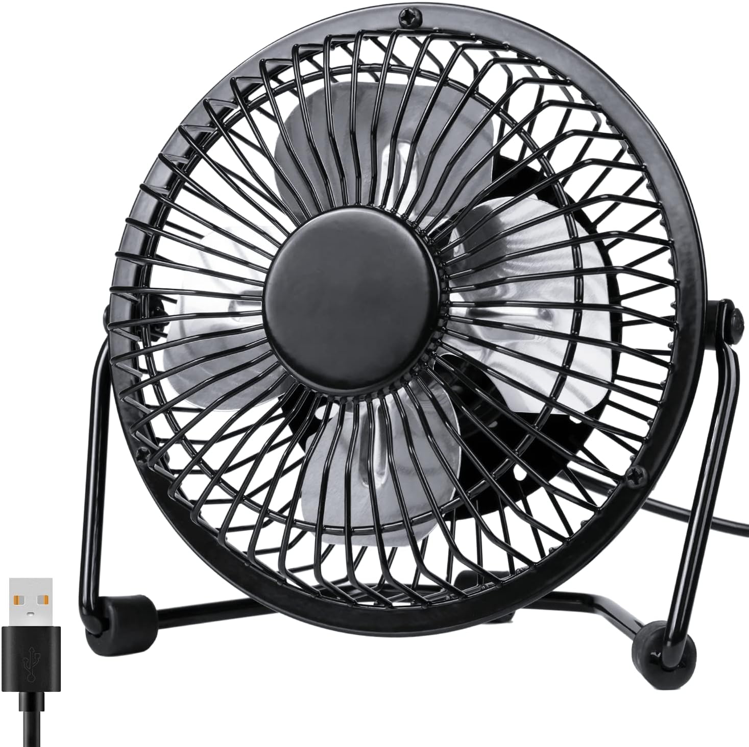 Zuvas portable USB desk fan front view showing black metal frame and aluminum blades for personal office cooling.