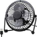 Zuvas portable USB desk fan front view showing black metal frame and aluminum blades for personal office cooling.