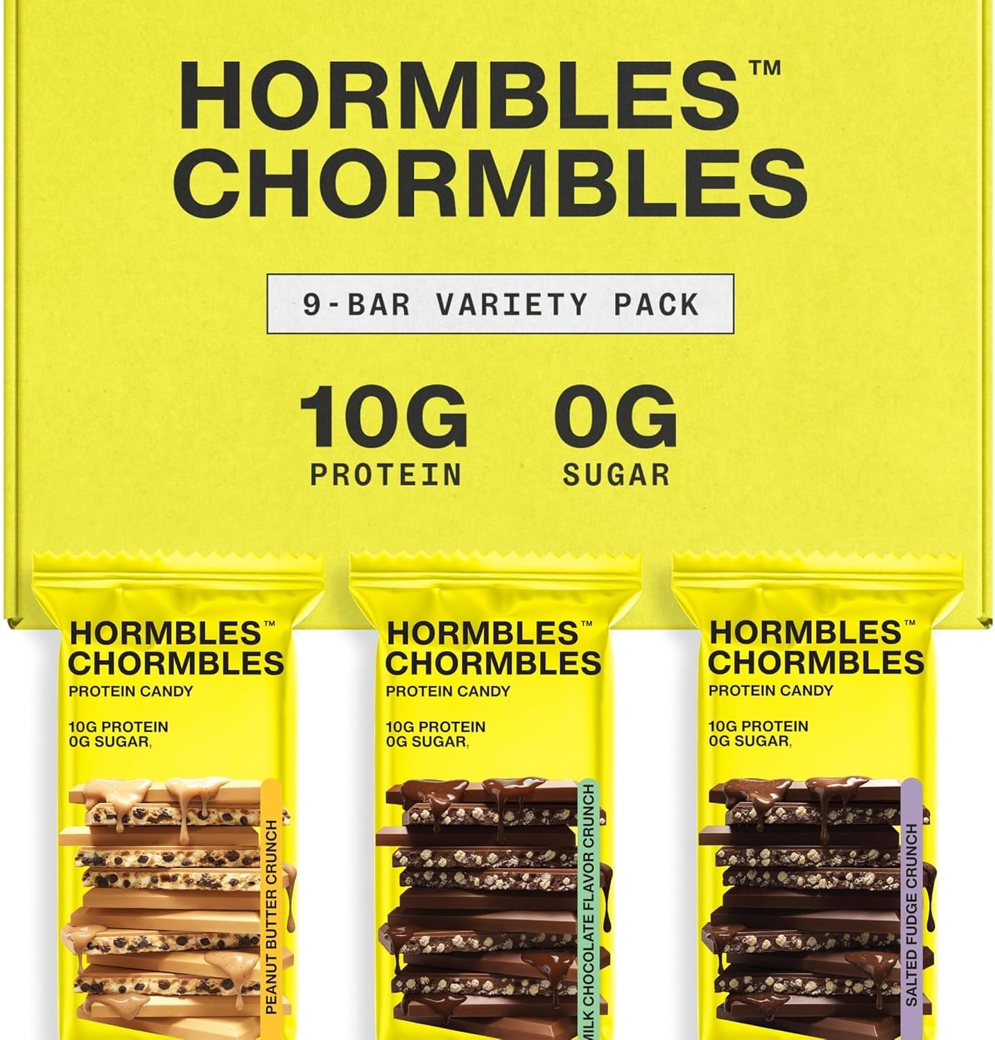 BHU Foods Hormbles Chormbles protein candy bars variety pack front view showing yellow packaging.