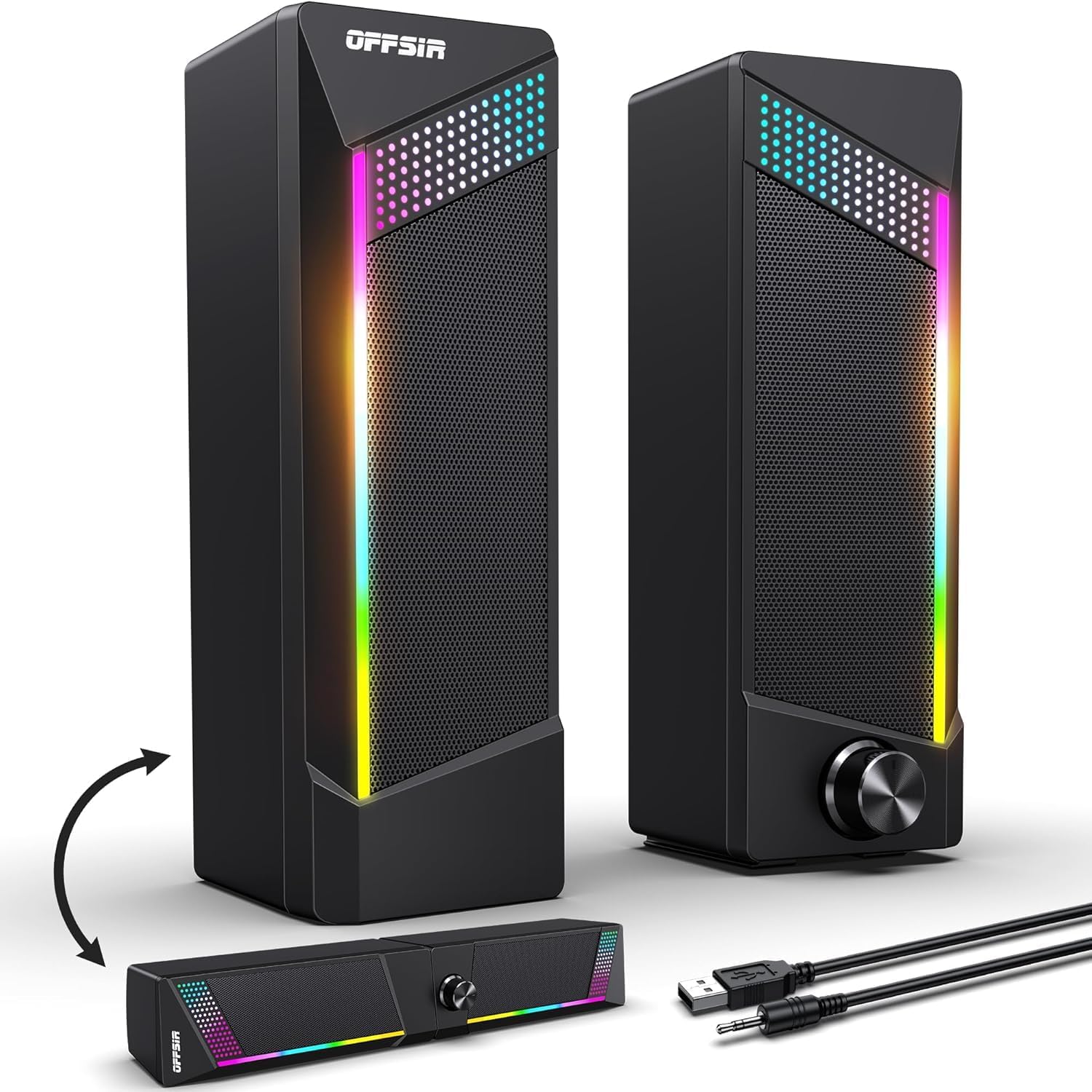 OFFSIR 2 in 1 computer speakers front view showing dual satellite setup with glowing RGB lights.