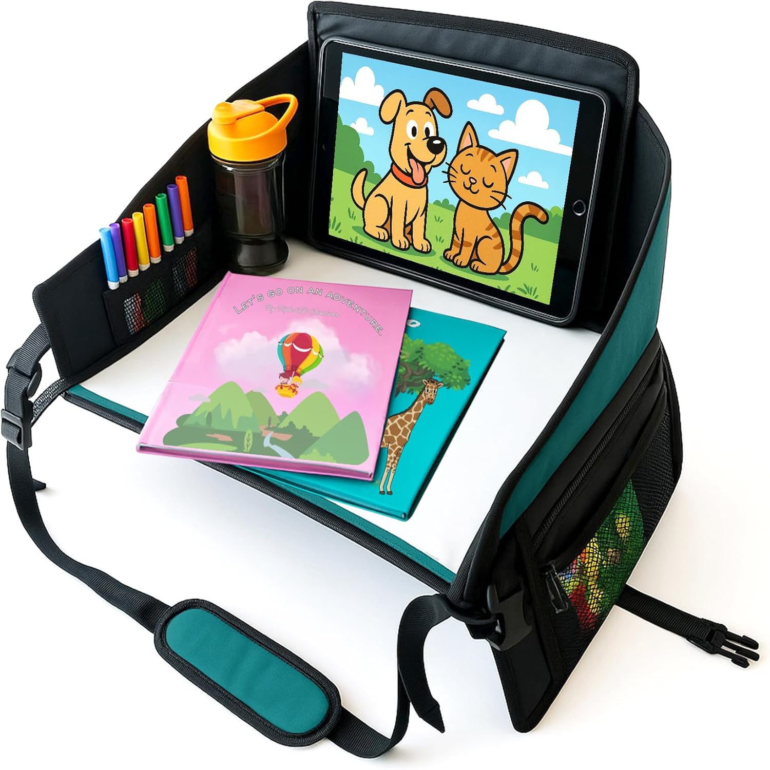 Triple EEE Adventures Kids Travel Tray front view displaying the teal lap desk surface with the tablet holder attached.