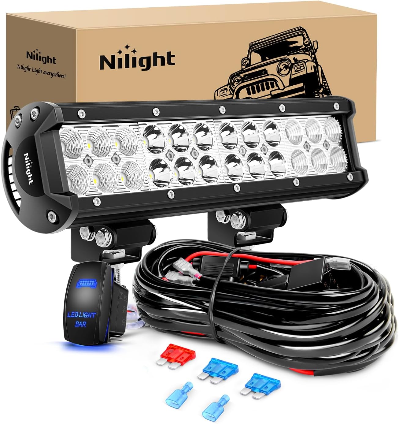 Nilight - ZH084 LED Light Bar 12Inch 72W Spot Flood Combo LED Off Road Lights 12V 5Pin Rocker Switch Wiring Harness Kit- One Lead, 2 Years Warranty - Image 1