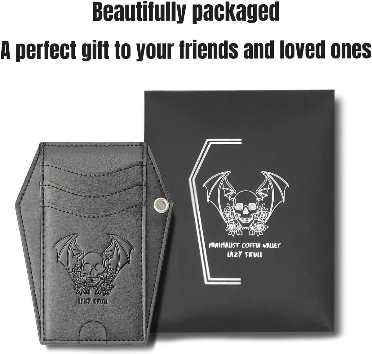 Lazy Skull gothic wallet shown inside gift packaging