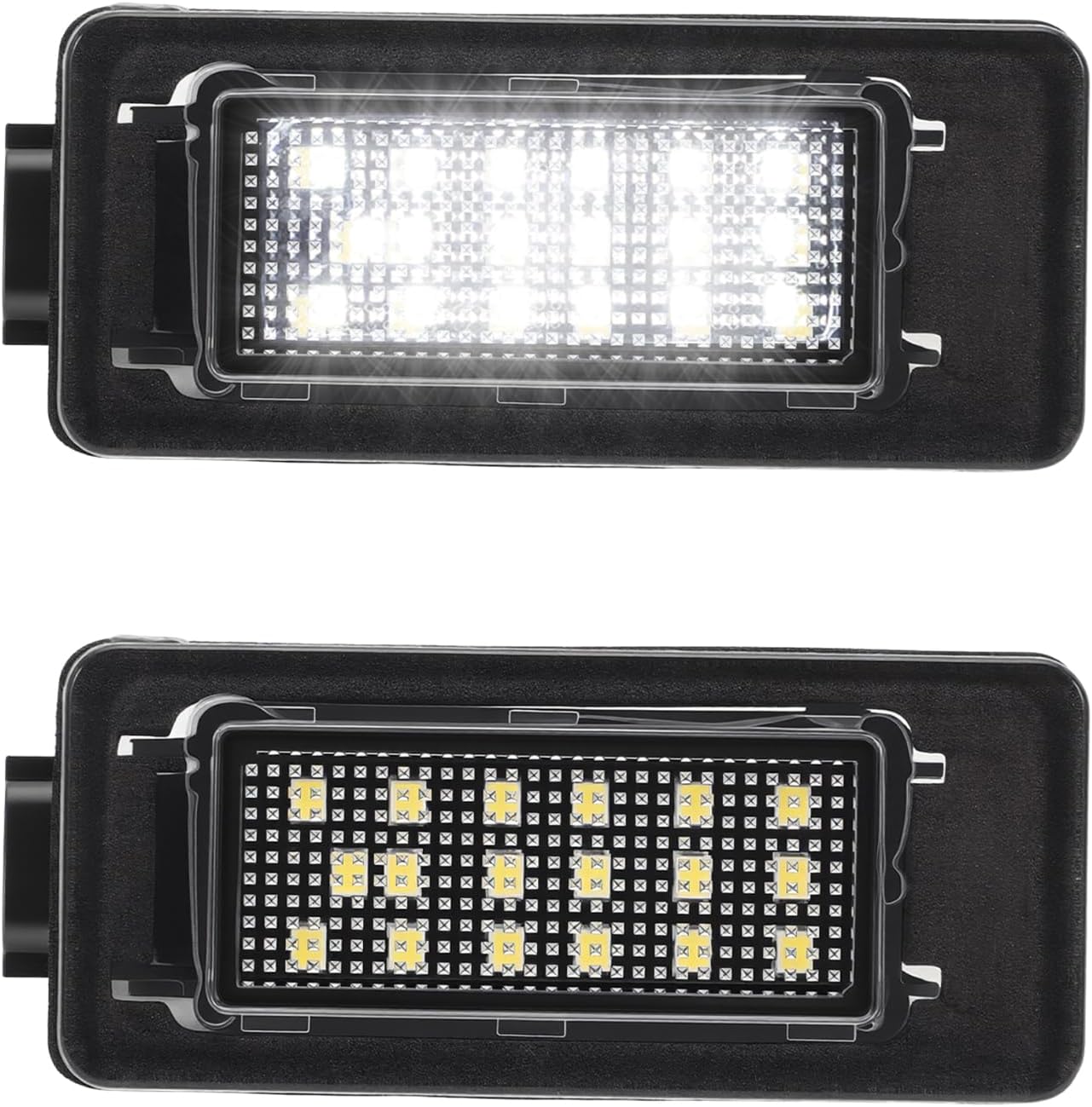 NFSpeeding LED license plate lights front view showing the dual assembly kit for automotive rear upgrade.