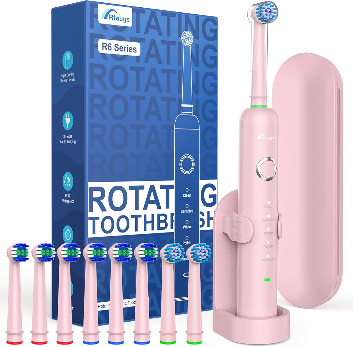 Rtauys R6 rotating electric toothbrush front view in pink