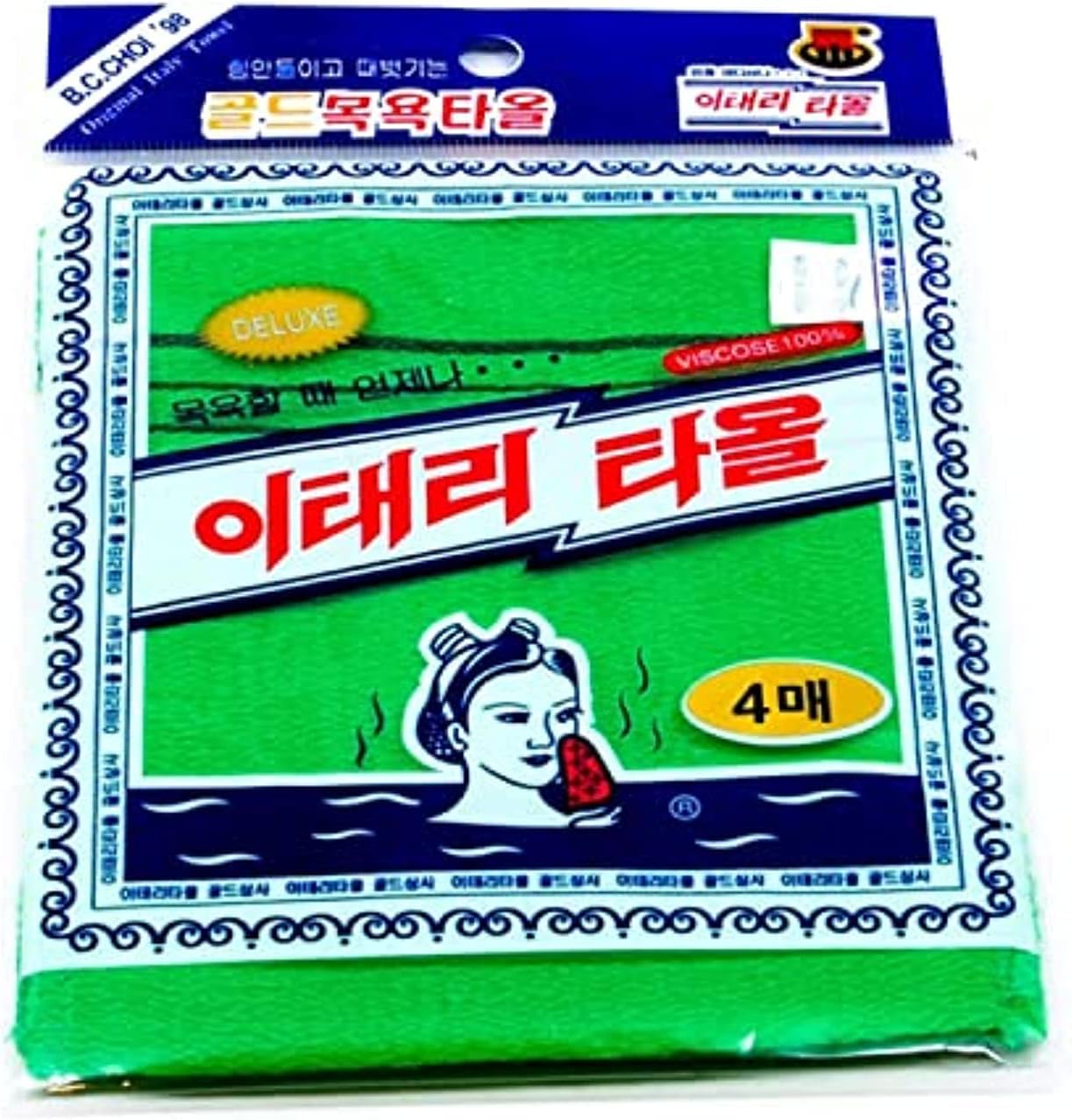 HMI Goldsangsa Korean Exfoliating Towel 4-pack front view showcasing authentic green packaging.