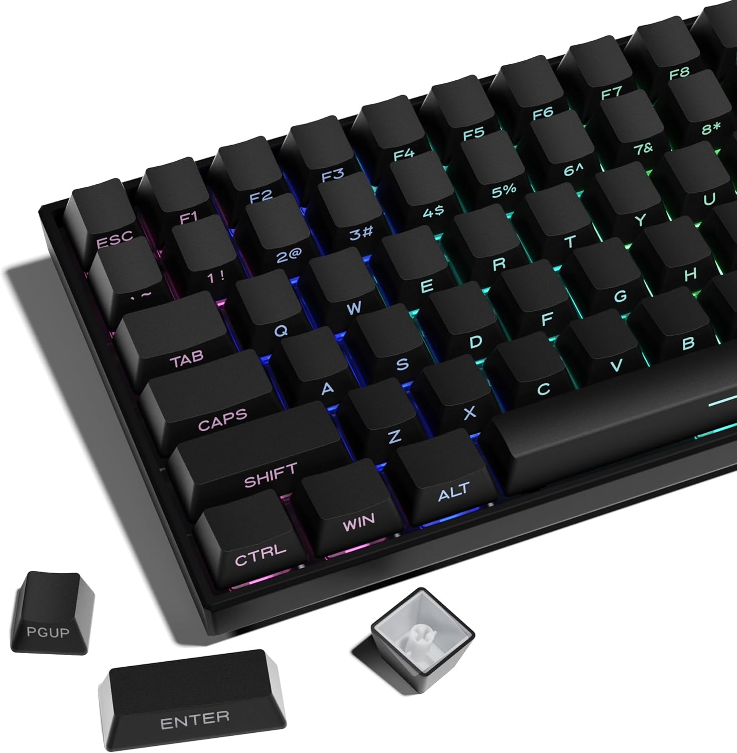 SDYZ XVX PBT side print keycaps front view installed on a minimalist black mechanical keyboard layout.