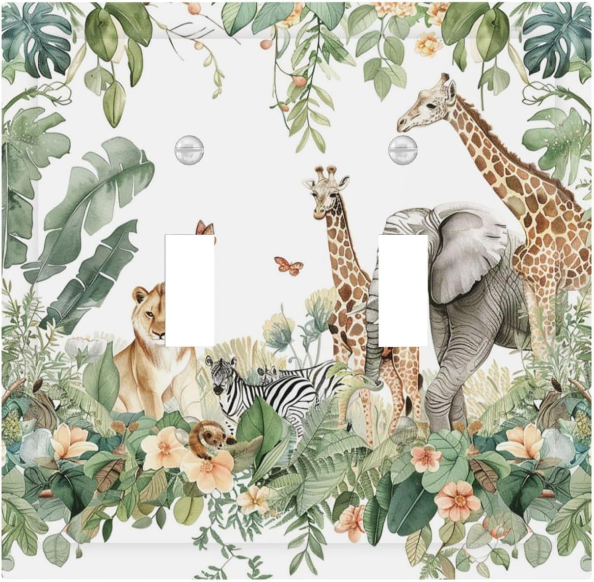 Ihsourgnitnem tropical safari 2 gang switch plate front view featuring watercolor jungle animals.