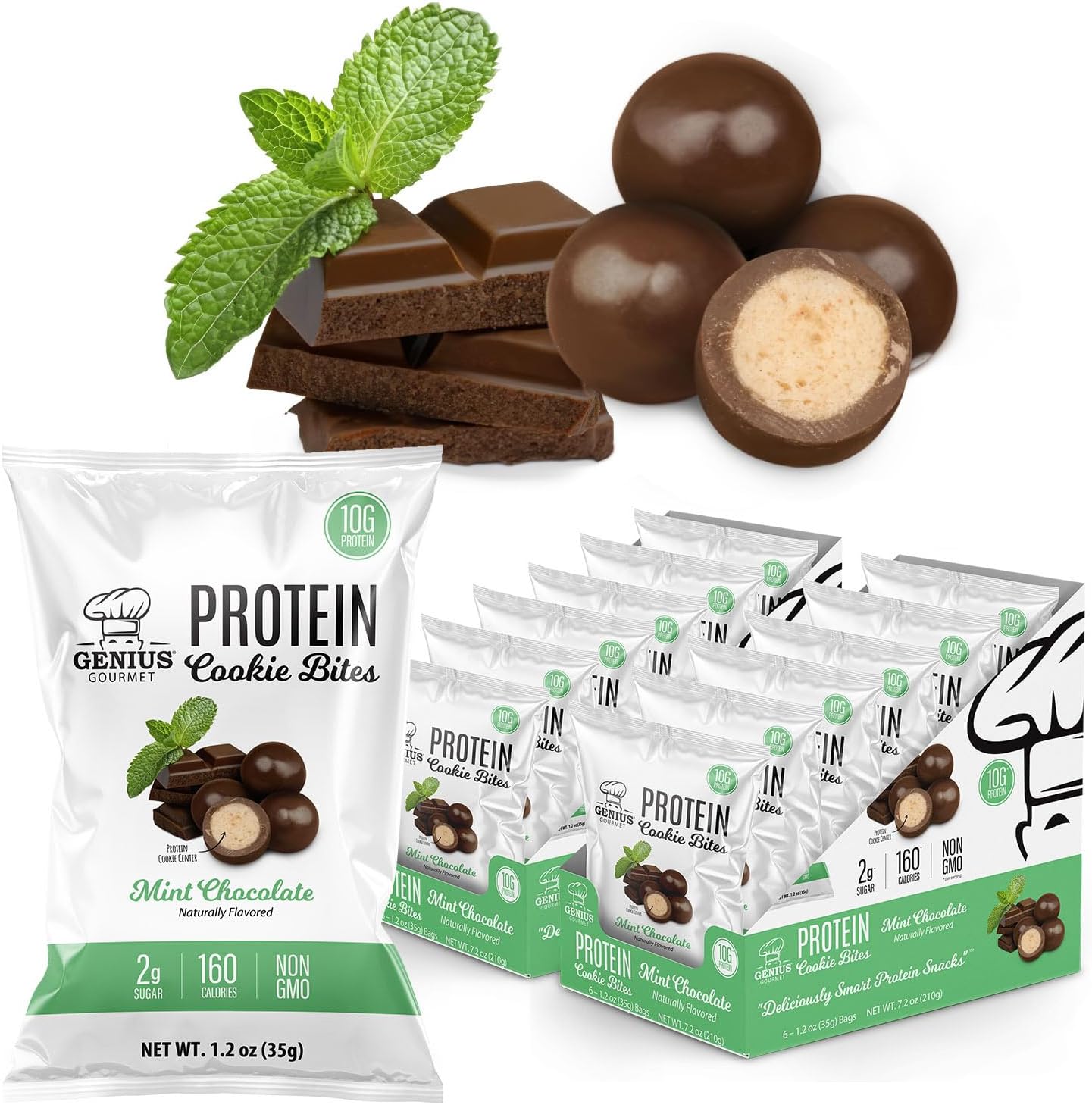 Genius Gourmet Protein Cookie Bites Mint Chocolate front packaging view low carb snack