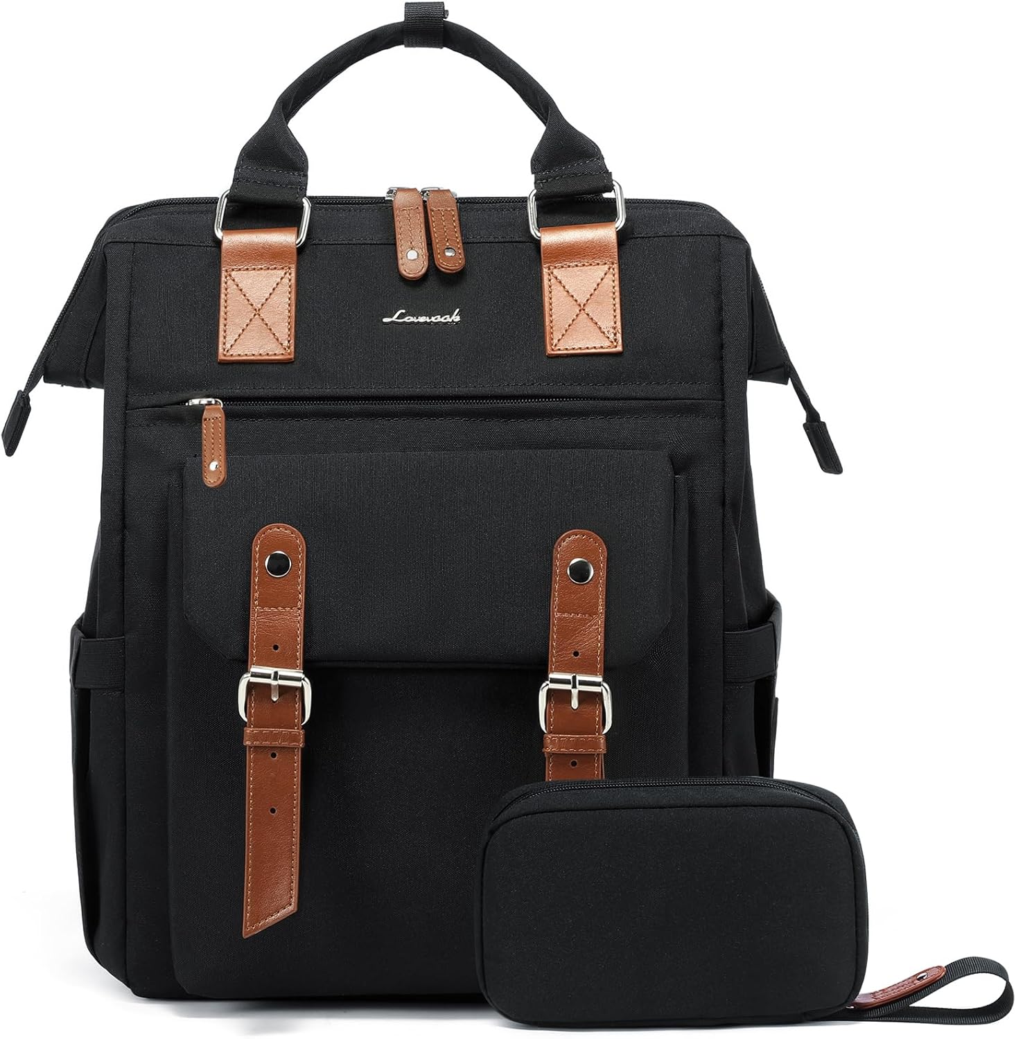 LOVEVOOK laptop backpack for women front view in black and brown vegan leather