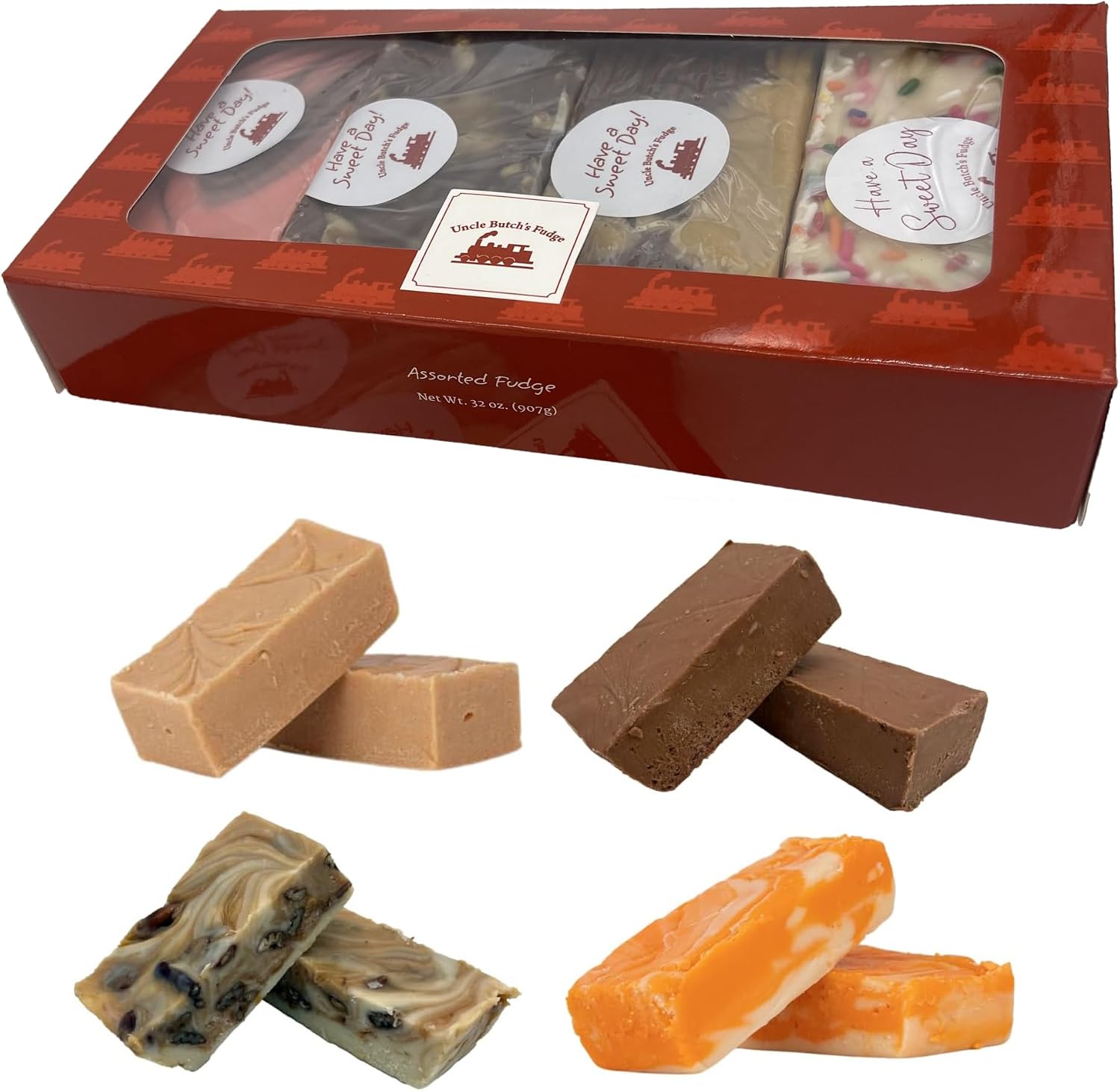 Uncle Butch's Fudge Gift Box four piece custom sampler front view package