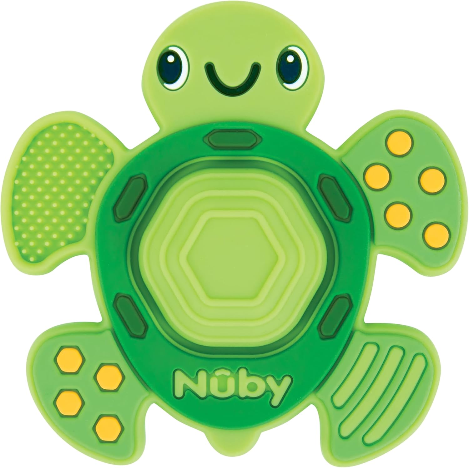Nuby Teethe N' Pop Sensory Play Teether front view of green turtle baby teething toy.