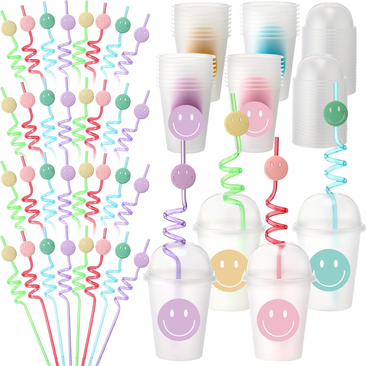 Yaomiao smile face sipper cups set with lids and straws