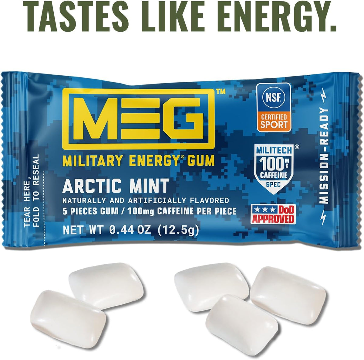 Meg caffeinated chewing gum one hundred milligrams caffeine blister packaging