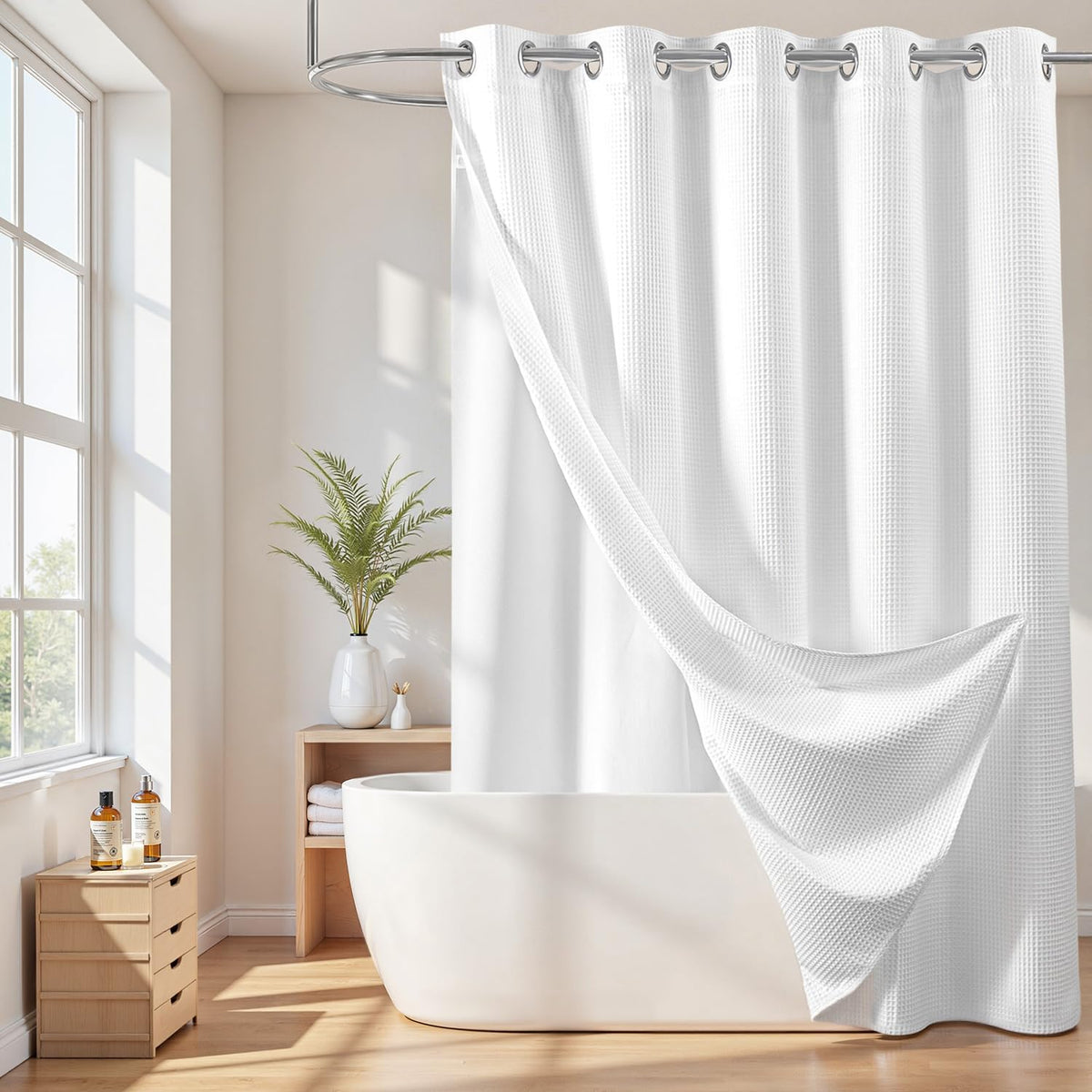 River Dream cotton blend no hook shower curtain front view showing white waffle weave texture