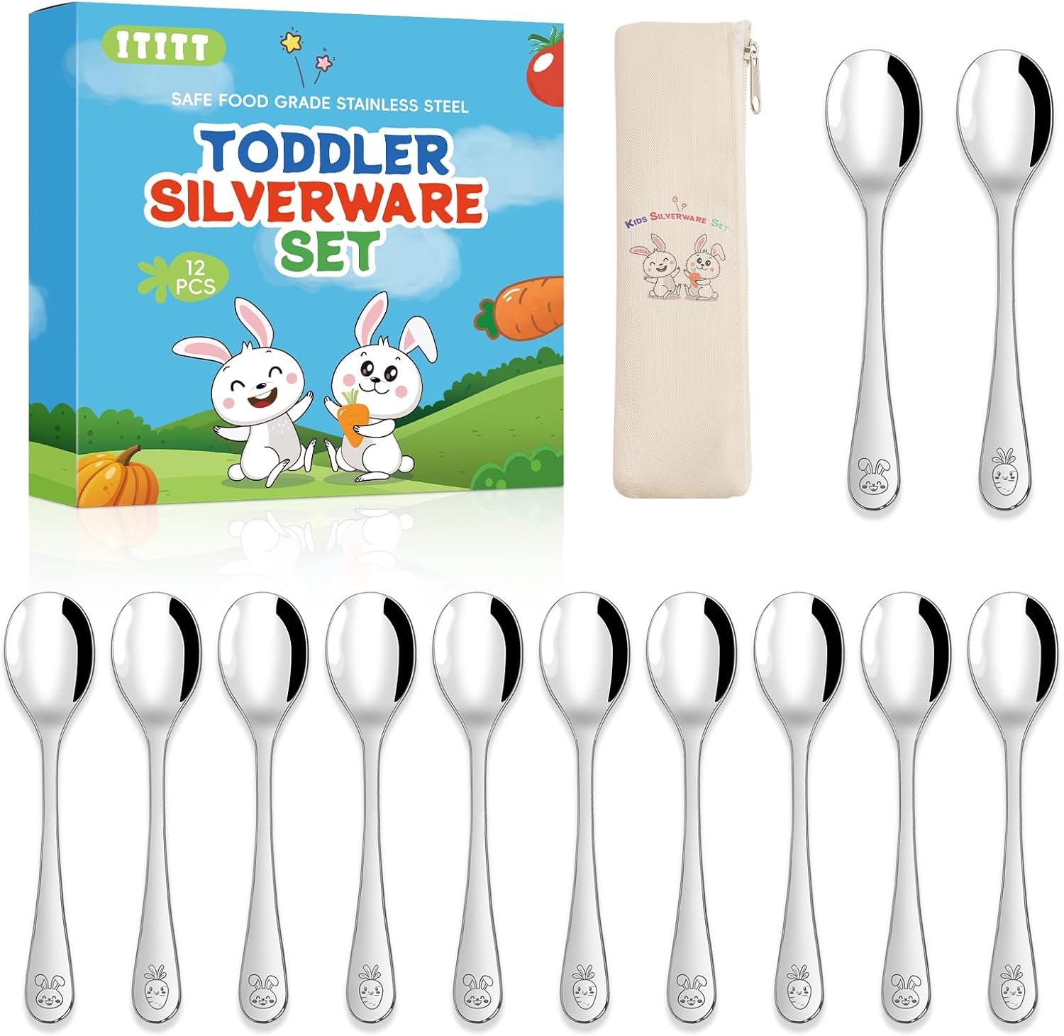 DRKIO stainless steel toddler spoons set front view of twelve piece kids metal silverware