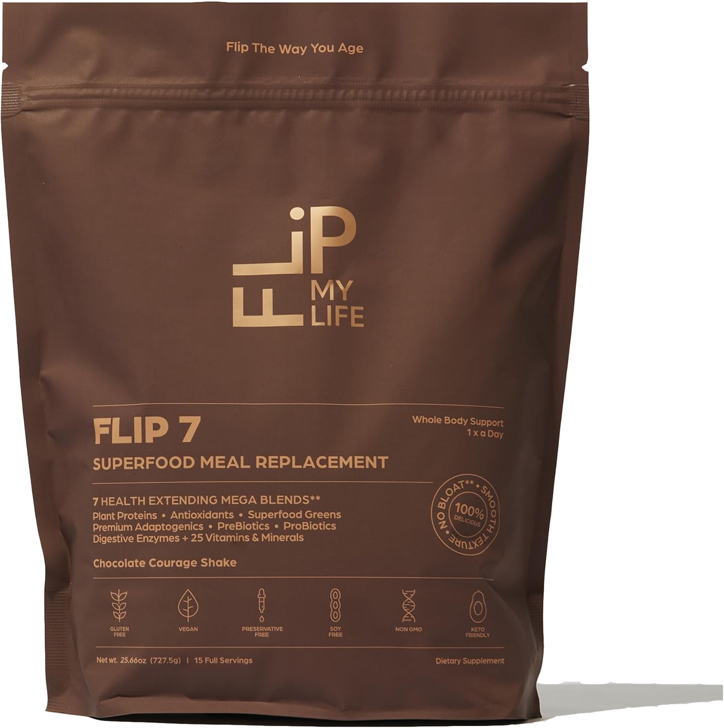 Flip My Life Flip 7 Natural Superfood Chocolate tub front view showing 20g protein label.