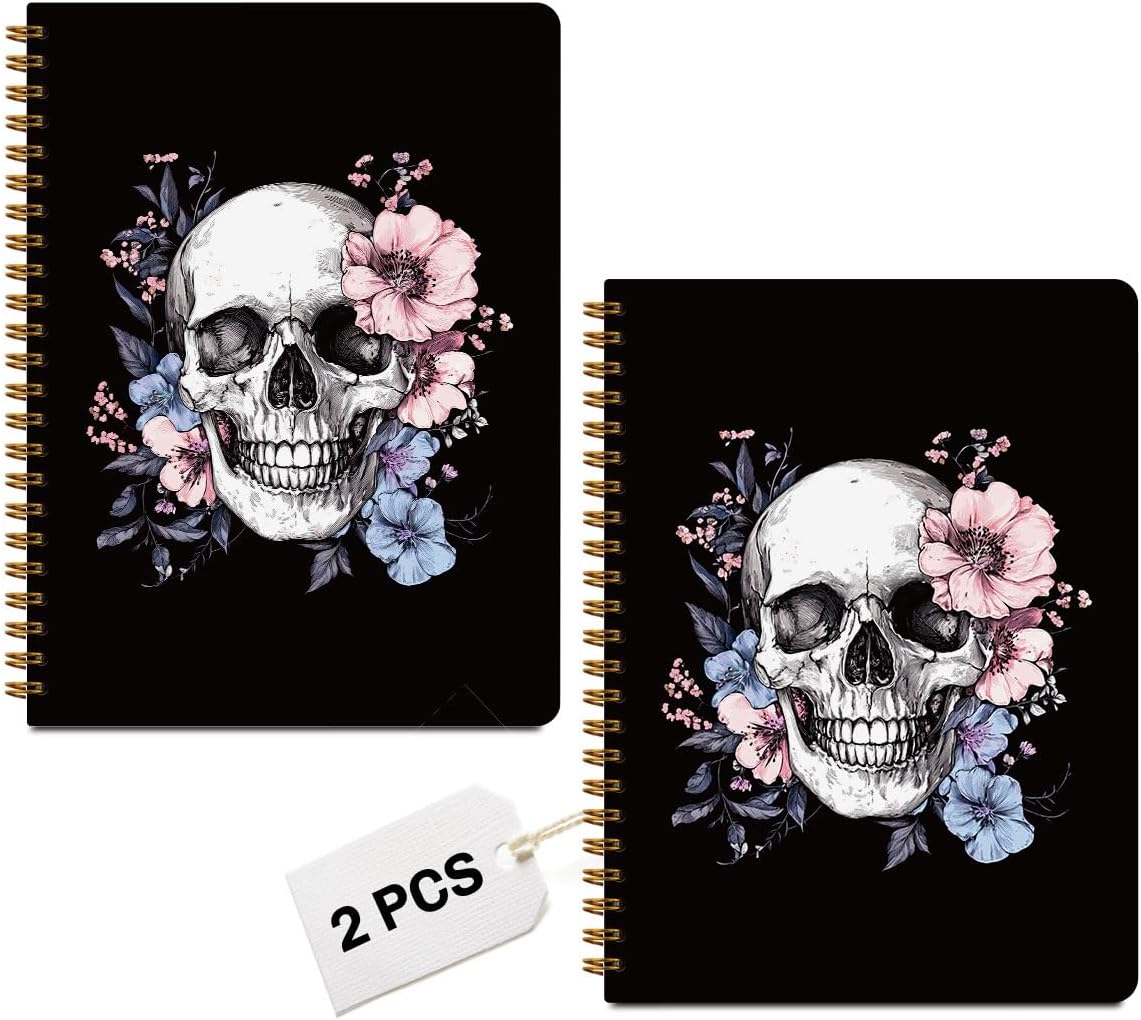 2 PCs Gothic Skull Spiral Notebook Floral Skull Journaling Notebooks Goth Aesthetic Design Note Book Writing Journal Hardcover Notebook Classroom Office Supplies Gifts for Women Teen Girls - Image 1