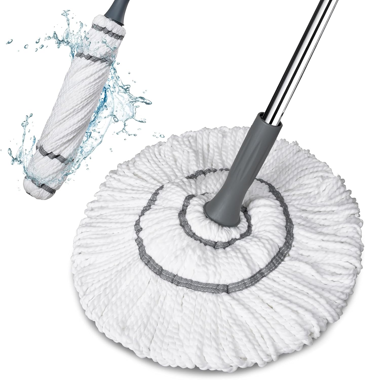 HiBaBy self wringing twist mop front view showcasing the white microfiber head and long stainless steel handle.