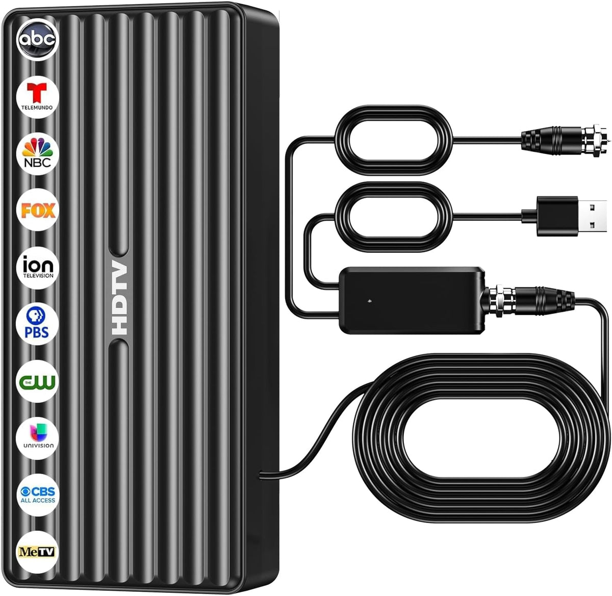 Tendodo digital TV antenna front view showing black ribbed housing and attached coaxial cable.