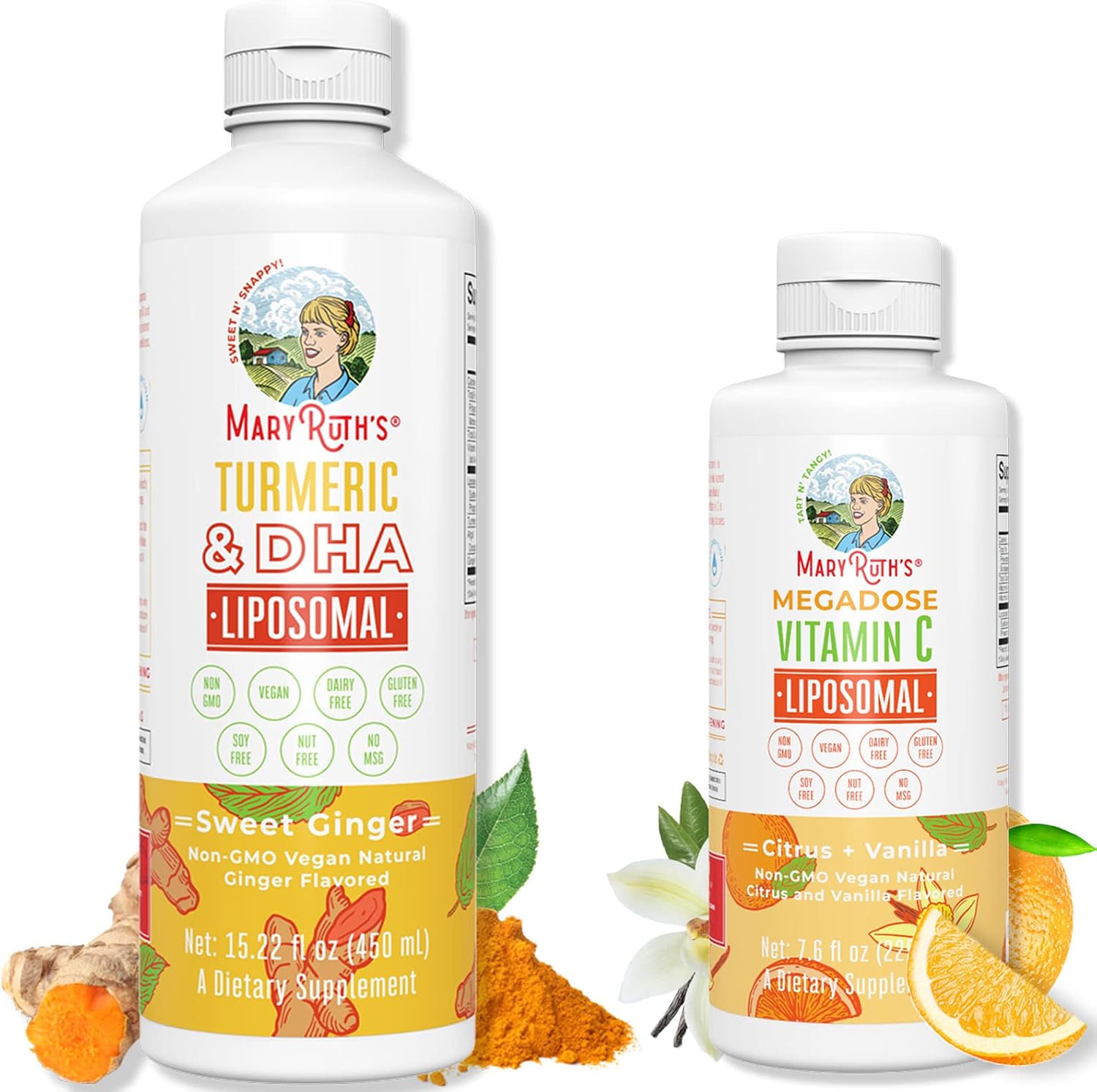 MaryRuth Organics turmeric and DHA liposomal bundle front view supplement bottles
