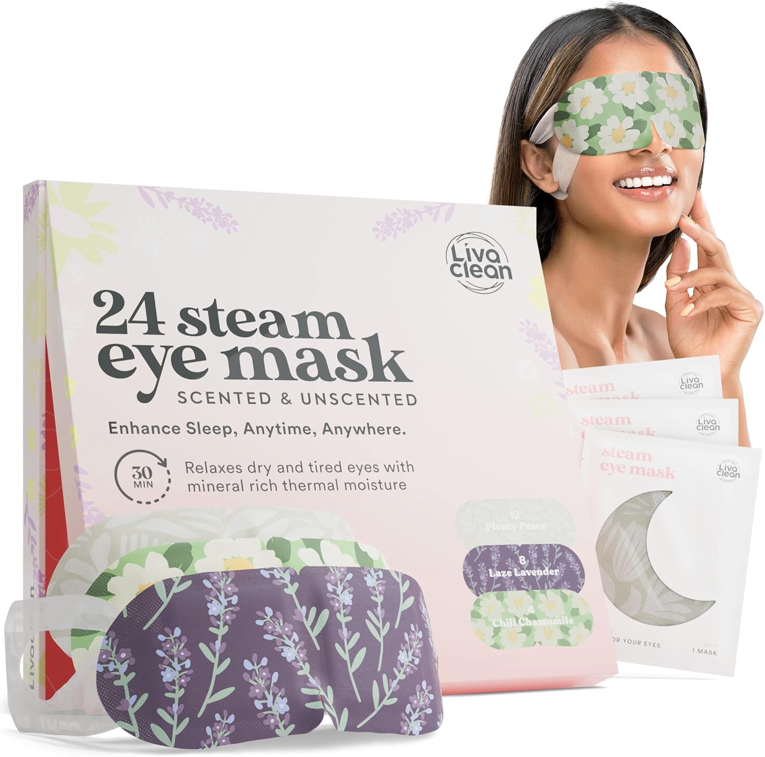 LivaClean 24 Count Steam Eye Mask front packaging view showcasing self-heating benefits.