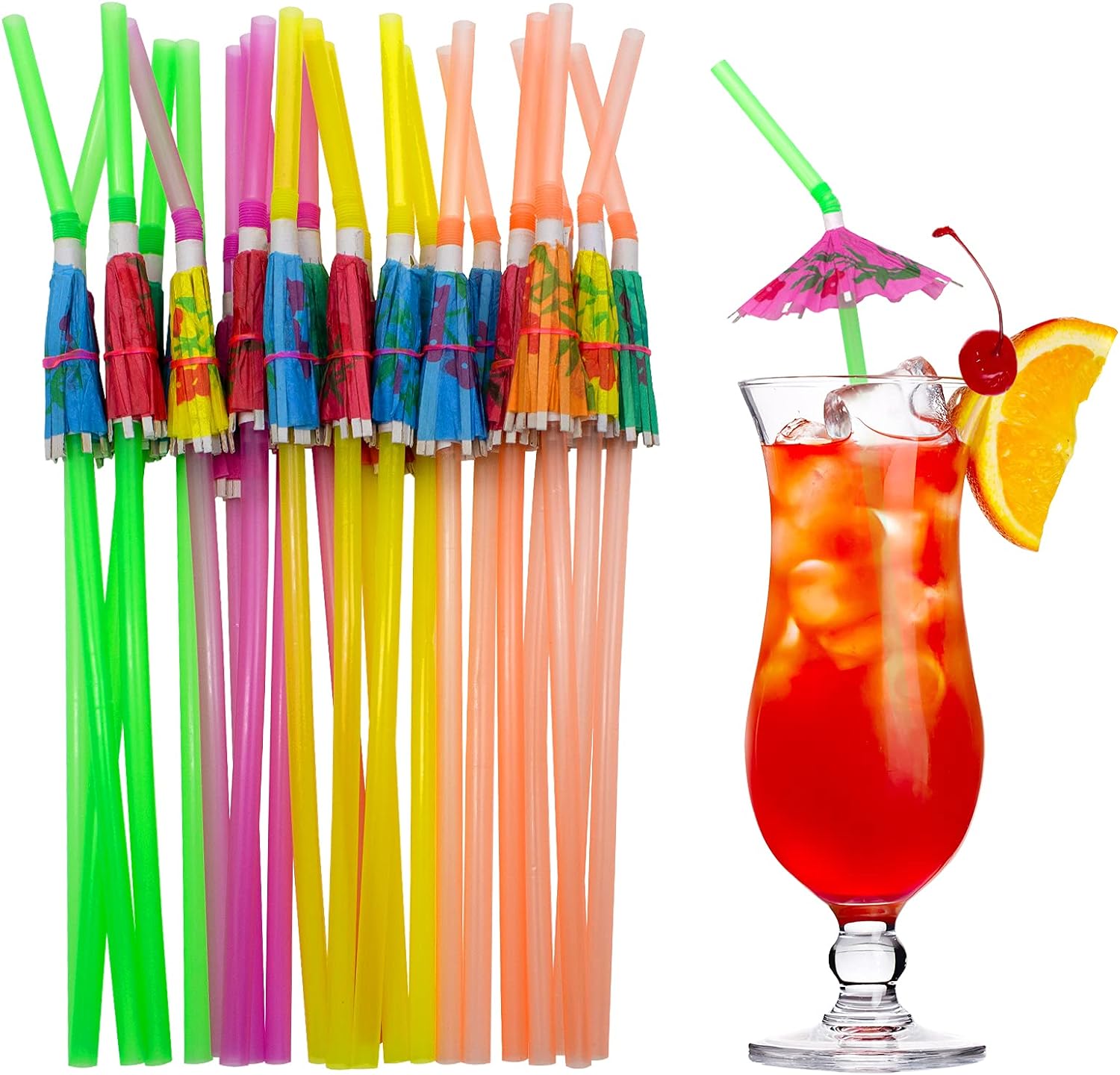 BLUE TOP umbrella drink straws 100 count front view showing assorted tropical colors.