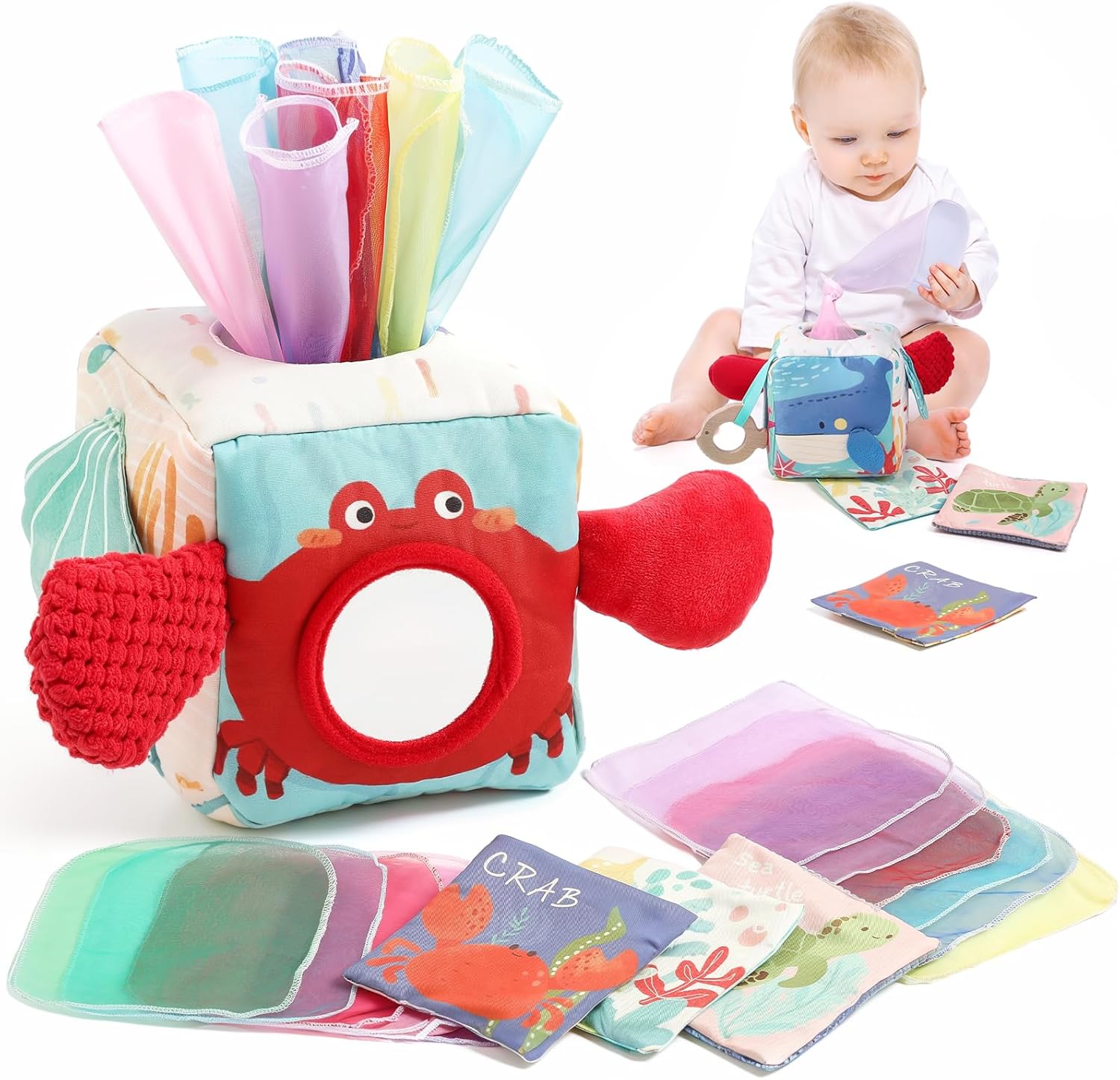 Youuys Baby Tissue Box Toy front view featuring the red crab design and colorful sensory scarves.
