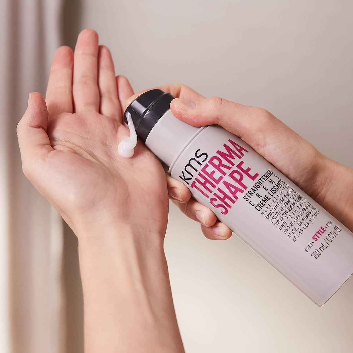 Side profile of 5 Fluid Ounce KMS blow dry creme container