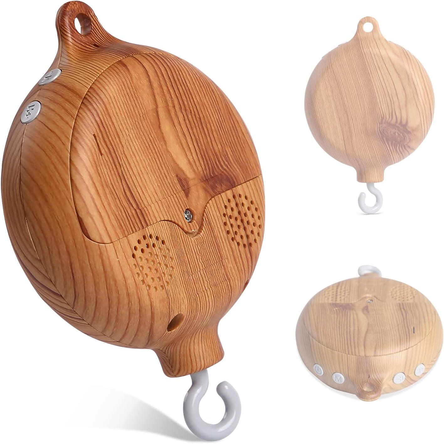 Hi Baby Monment baby crib mobile music box front view showing imitation wood grain finish