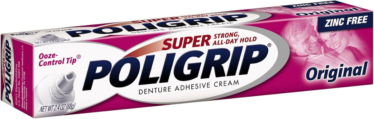 Super Poligrip zinc-free dental adhesive cream packaging