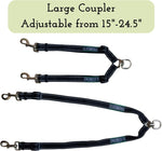 Caldwell's Pet Supply Co. tangle-free two dog lead connector demonstrating reflective stitching detail.