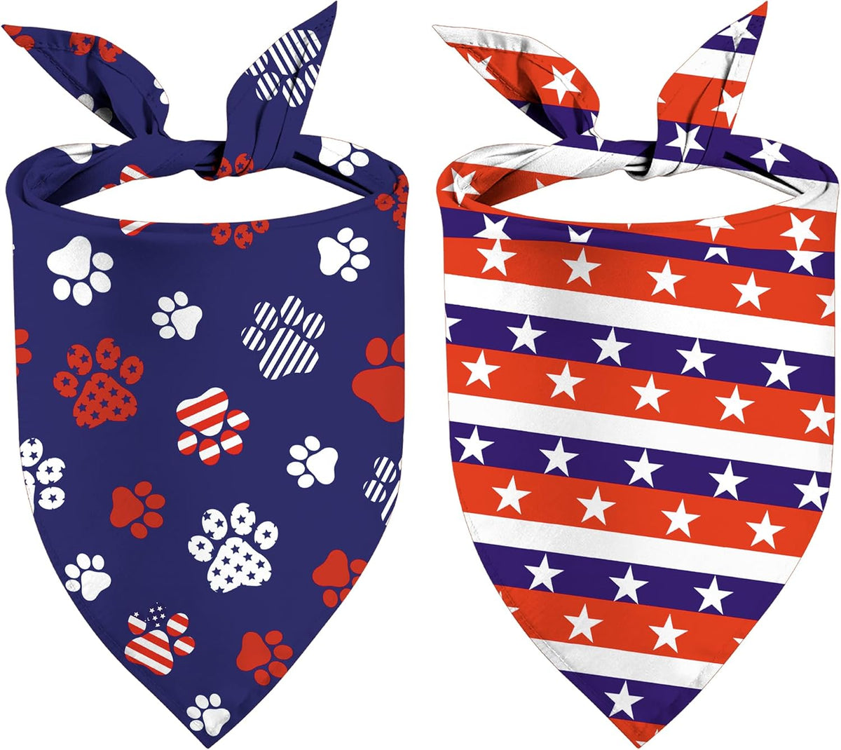 GHSJYO Patriotic Dog Bandanas front view showing blue paw print pattern on a golden retriever