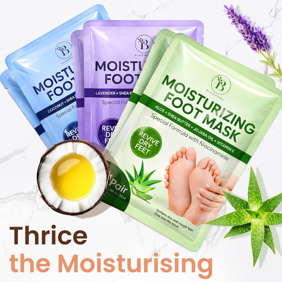 Model wearing Bloomora lavender foot mask booties