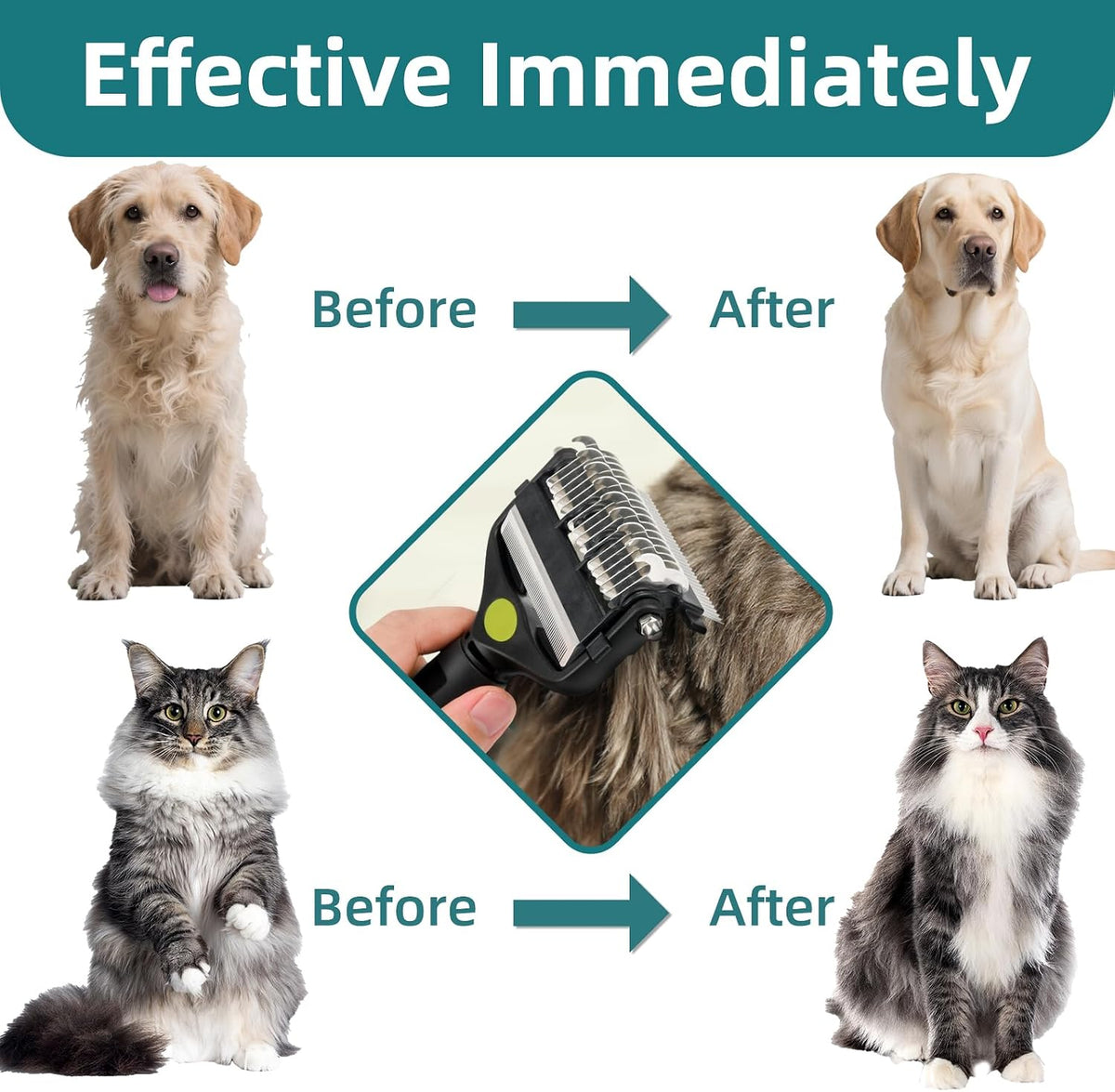 Pet grooming tool showing undercoat rake and deshedding sides