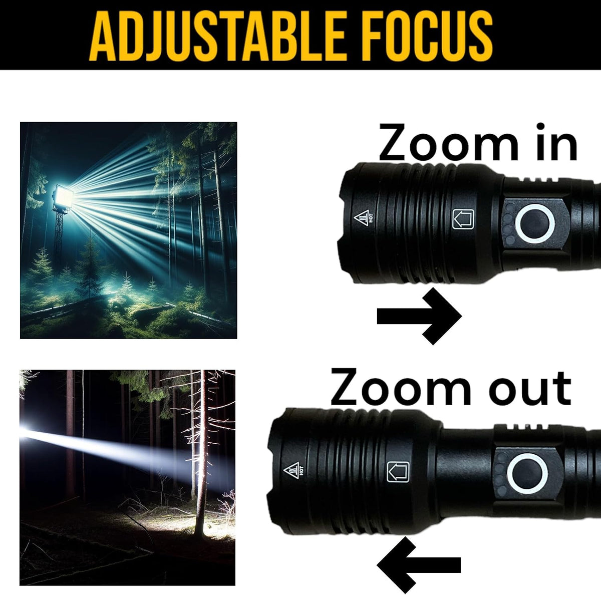 Bright floodlight and focused spotlight beam comparison in dark settings