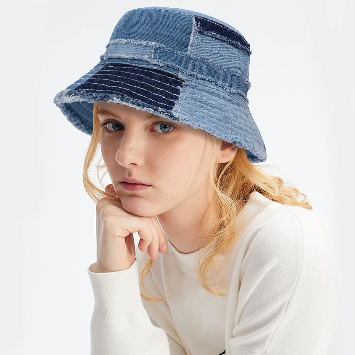 GuanGu washed cotton jean hat close up of multi-wash fabric panels