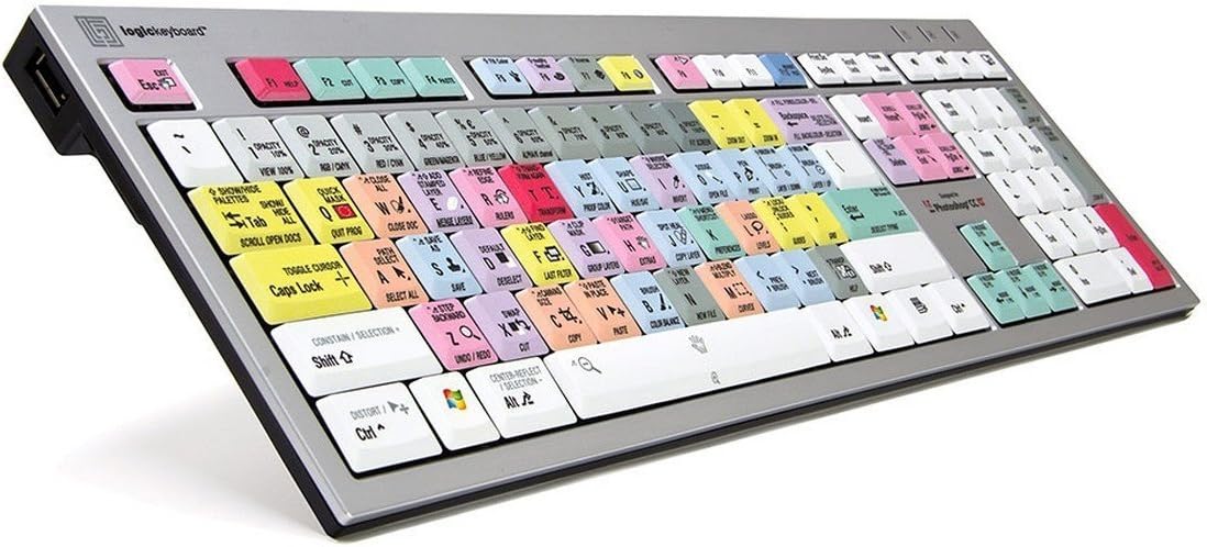 Logickeyboard Adobe Audition PC shortcut keyboard close up of color-coded keycaps