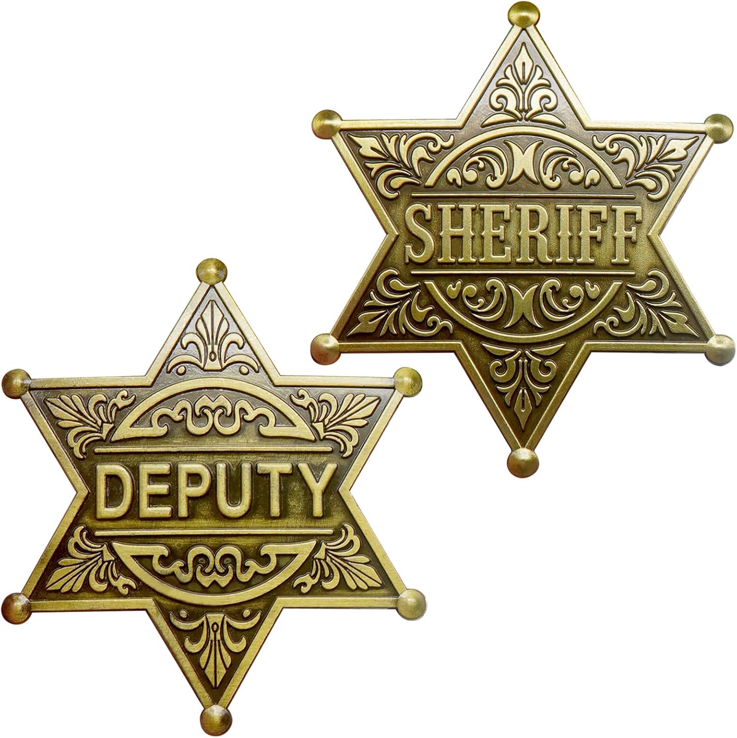 Zorleniva metal sheriff and deputy badge set front view showing retro finish